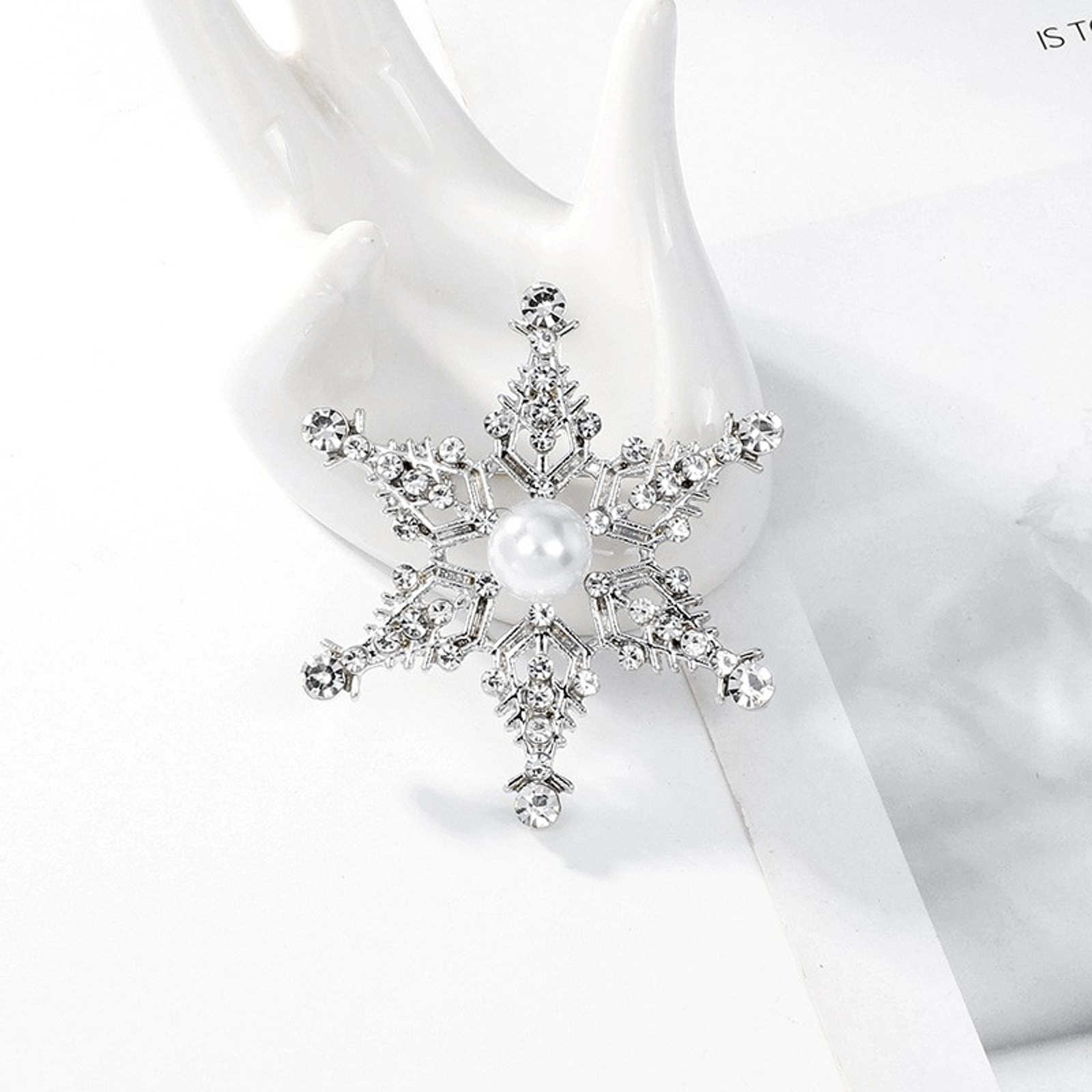 Snowflake Brooch Crystal and Pearl Christmas Brooch Pin Gold and Silver Snow Brooches