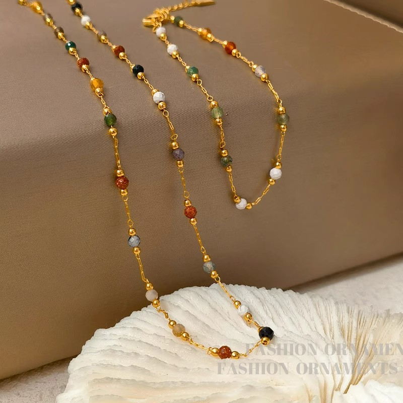 Natural Stone Gold Chain Chic Necklace Colorful Stone With 14K Gold Plated Clasp