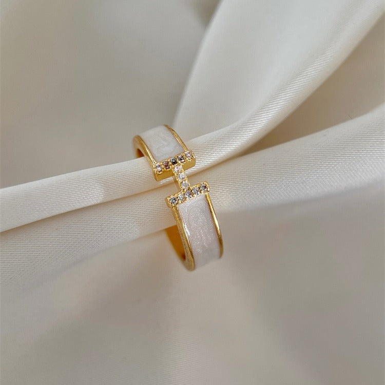 Enamel Adjustable Ring Crystal H Design Mother of Pearl Gold Open Ring