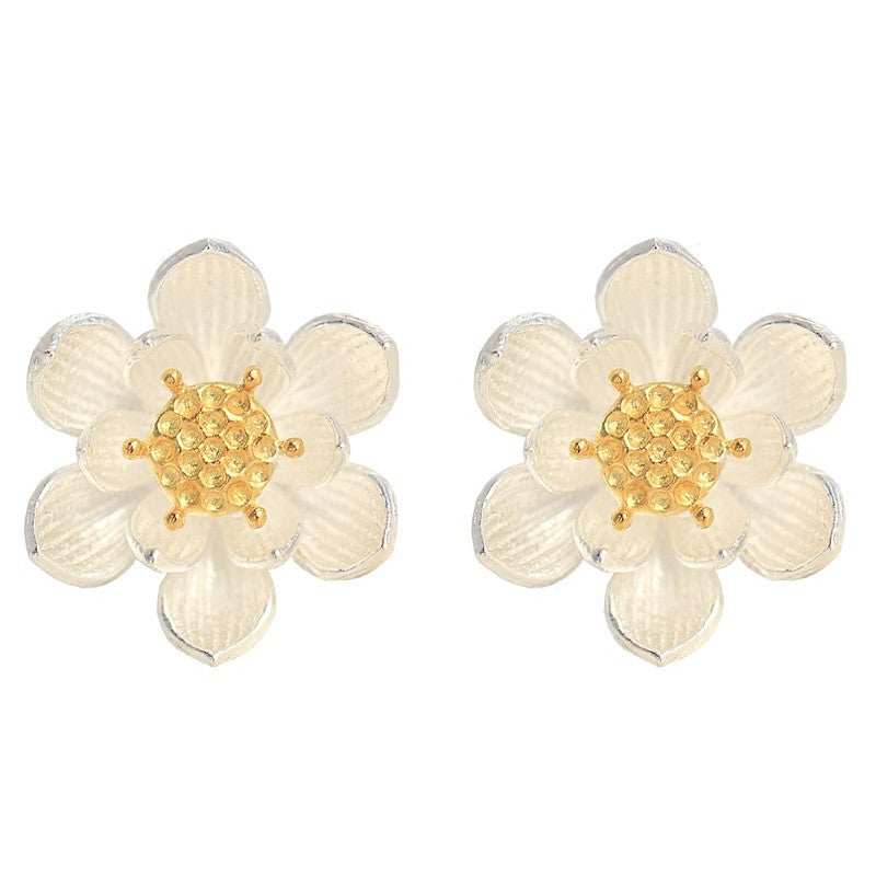 Pure Sterling Silver Lotus Stud Earrings Elegant Solid 999 Silver Stud