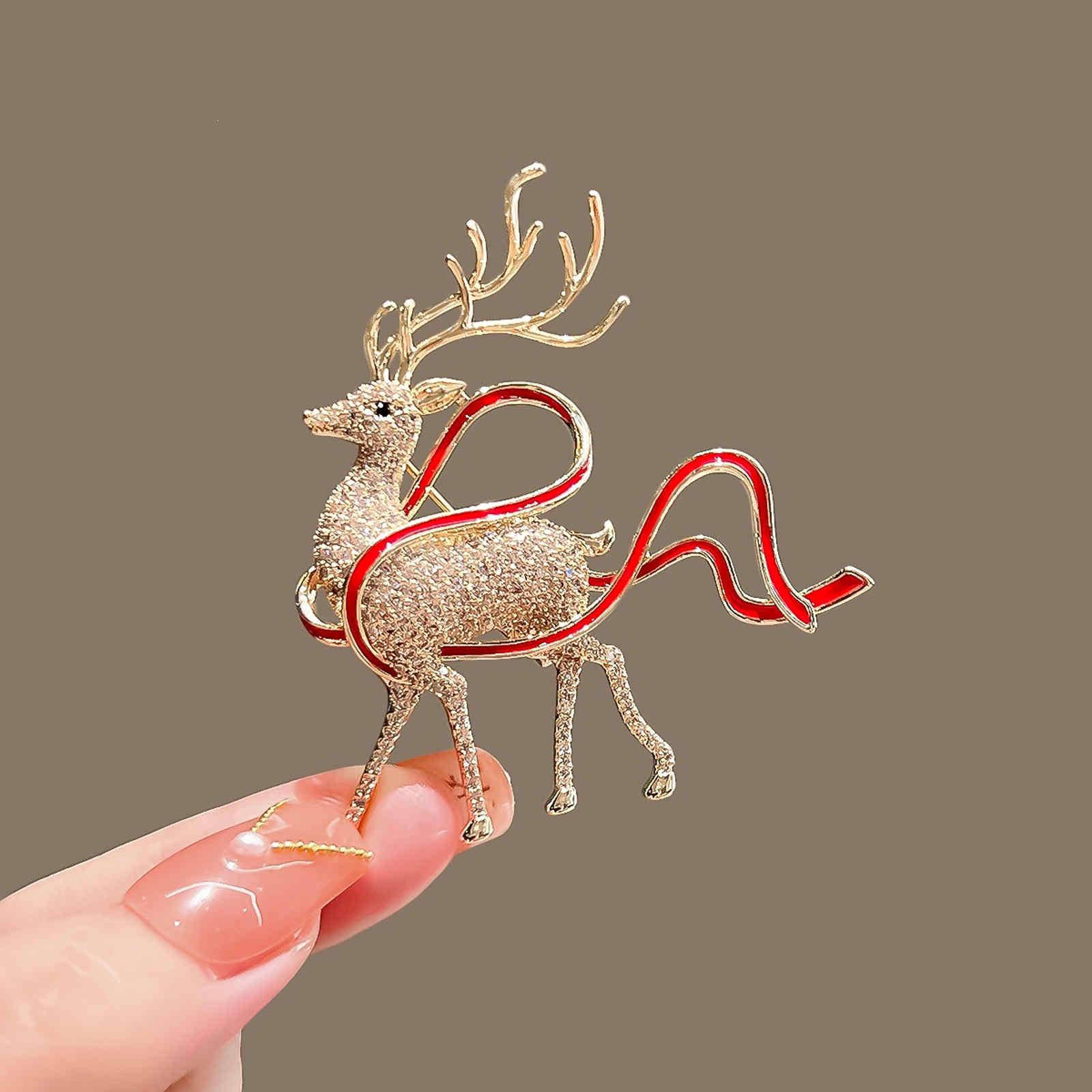 Crystal Elk Brooch Pin Deer Wearing Red Ribbon Christmas Brooch Pin