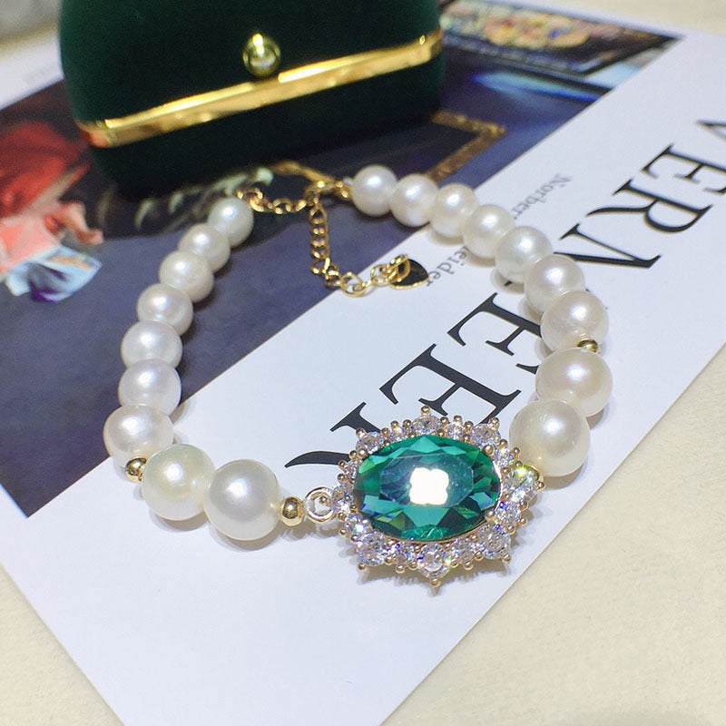 Collar de perlas naturales de agua dulce de 8MM, conjunto de pulsera, colgante de circón verde