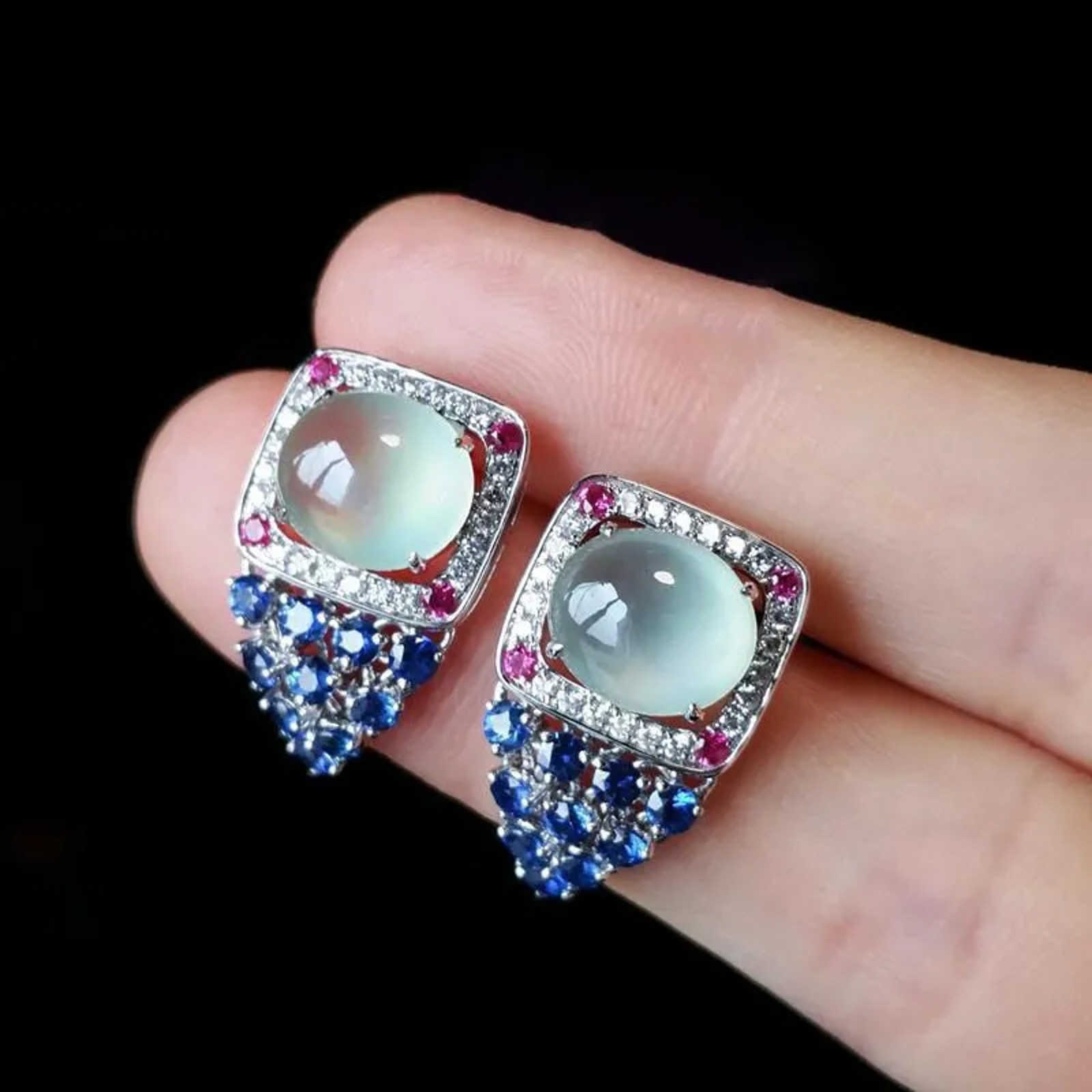 Pendientes de borla de cristal azul con piedra lunar, pendientes estilo dinero antiguo con pasador de plata