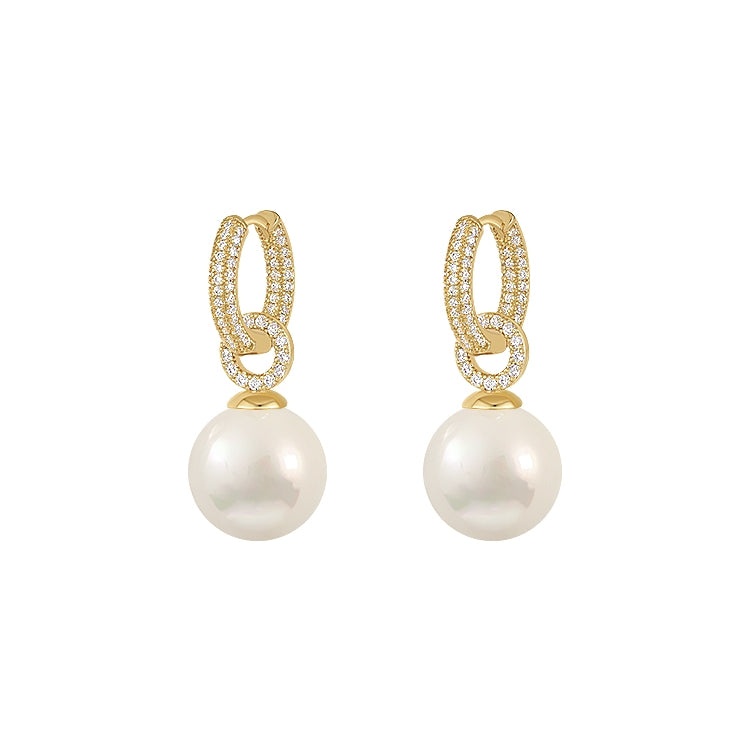 Pendientes colgantes de perlas blancas con aro de oro y diamantes, pasador de plata