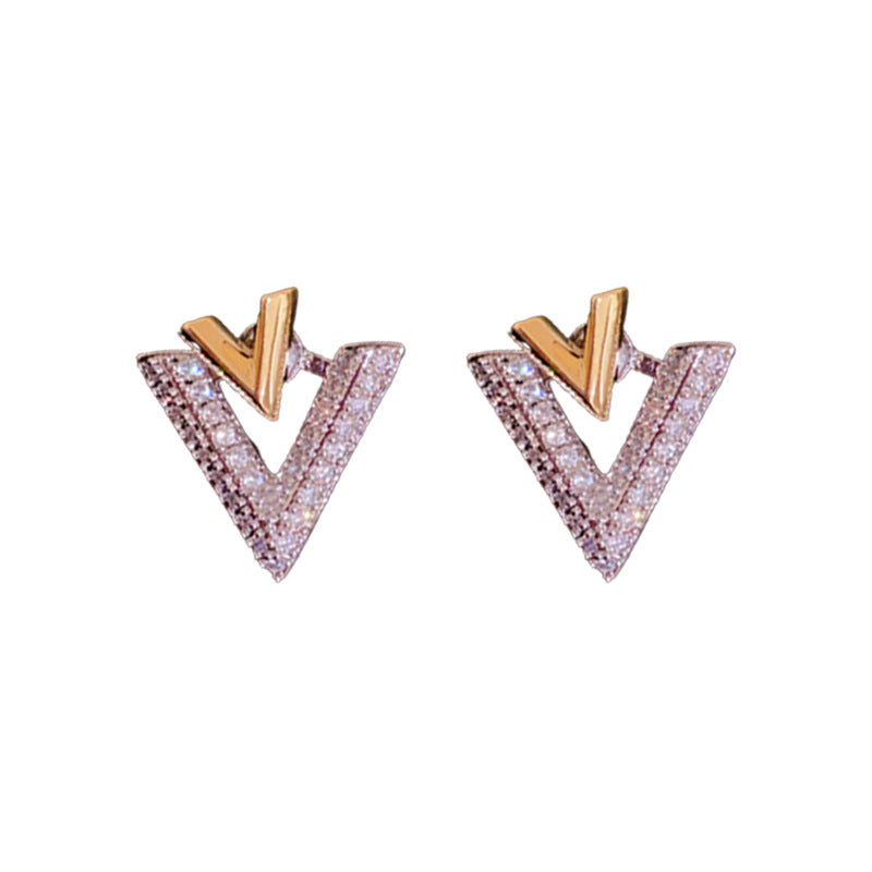 Luxury Double V Earring Jackets Gold and Crystal Drop Earrings S925 Silver Pin