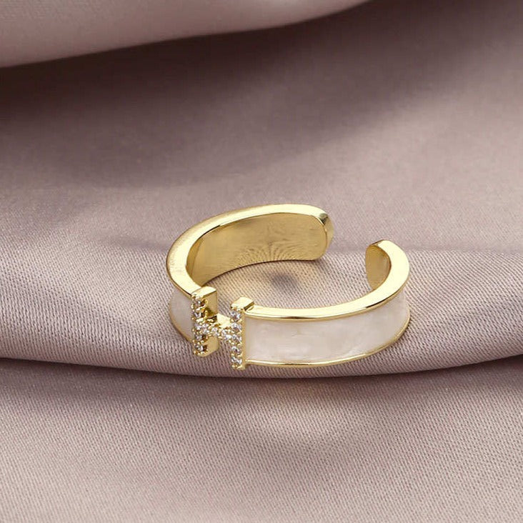 Enamel Adjustable Ring Crystal H Design Mother of Pearl Gold Open Ring