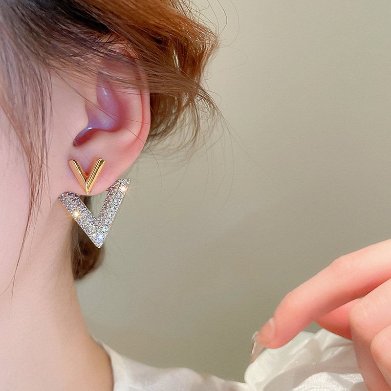 Luxury Double V Earring Jackets Gold and Crystal Drop Earrings S925 Silver Pin