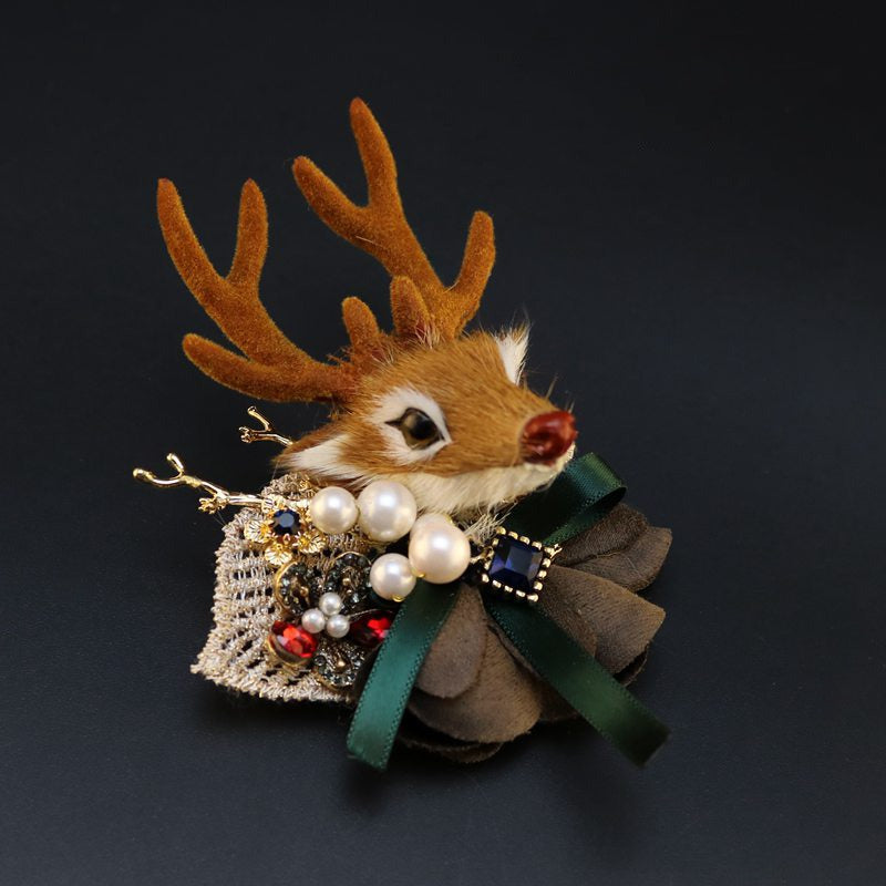 Elk Brooch Furry Deer Christmas Brooch Pin with Xmas Gift Box