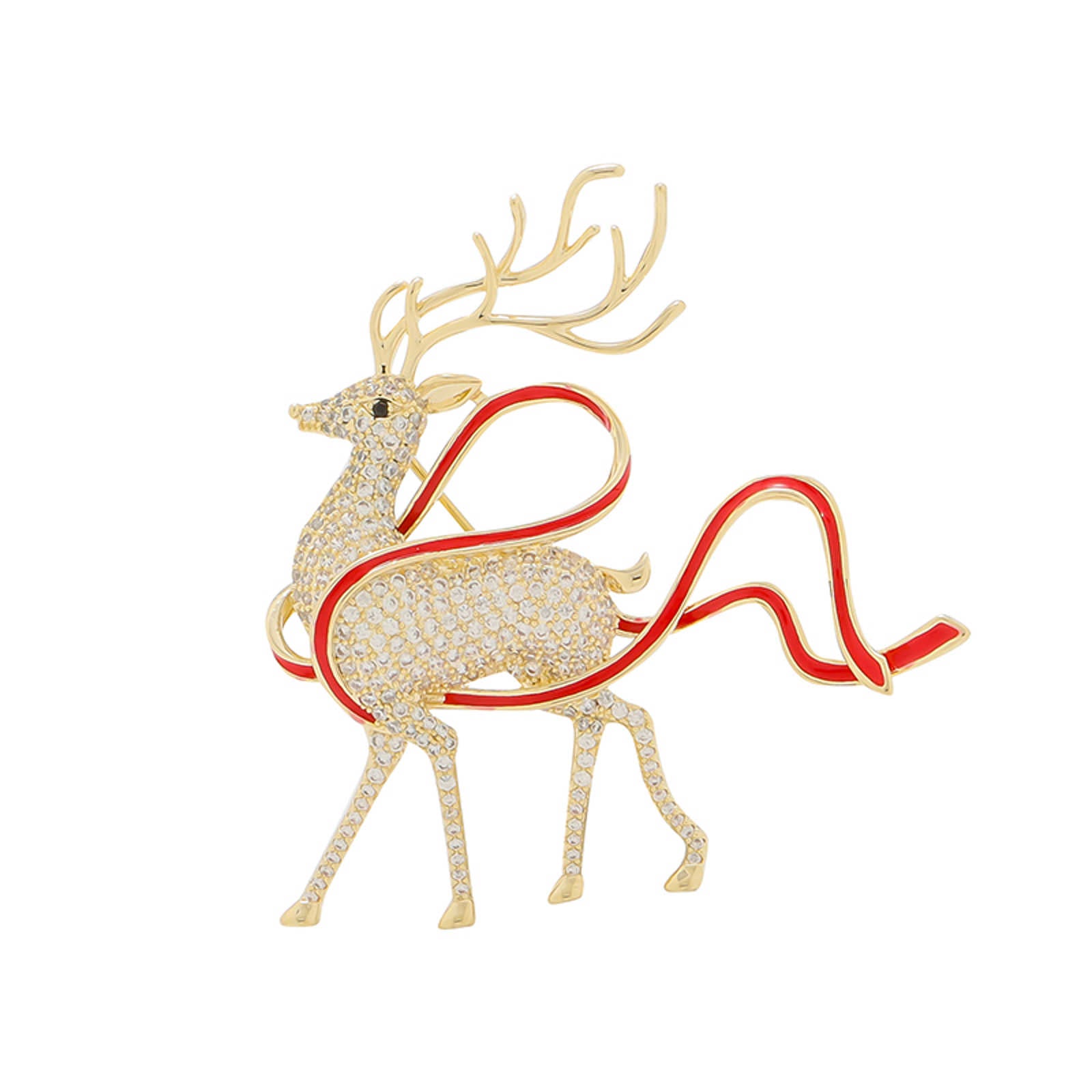 Crystal Elk Brooch Pin Deer Wearing Red Ribbon Christmas Brooch Pin