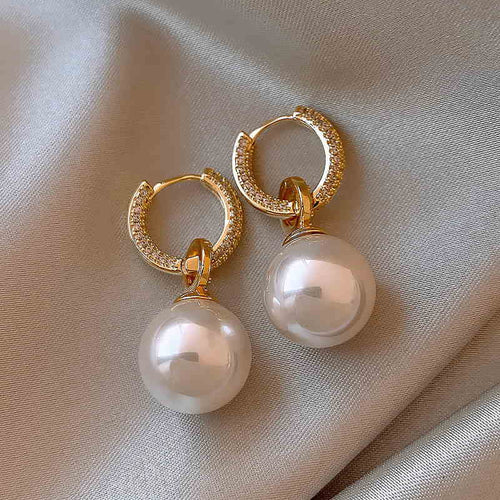 White Pearl Drop Earrings with Diamond Gold Hoop Silver Pin