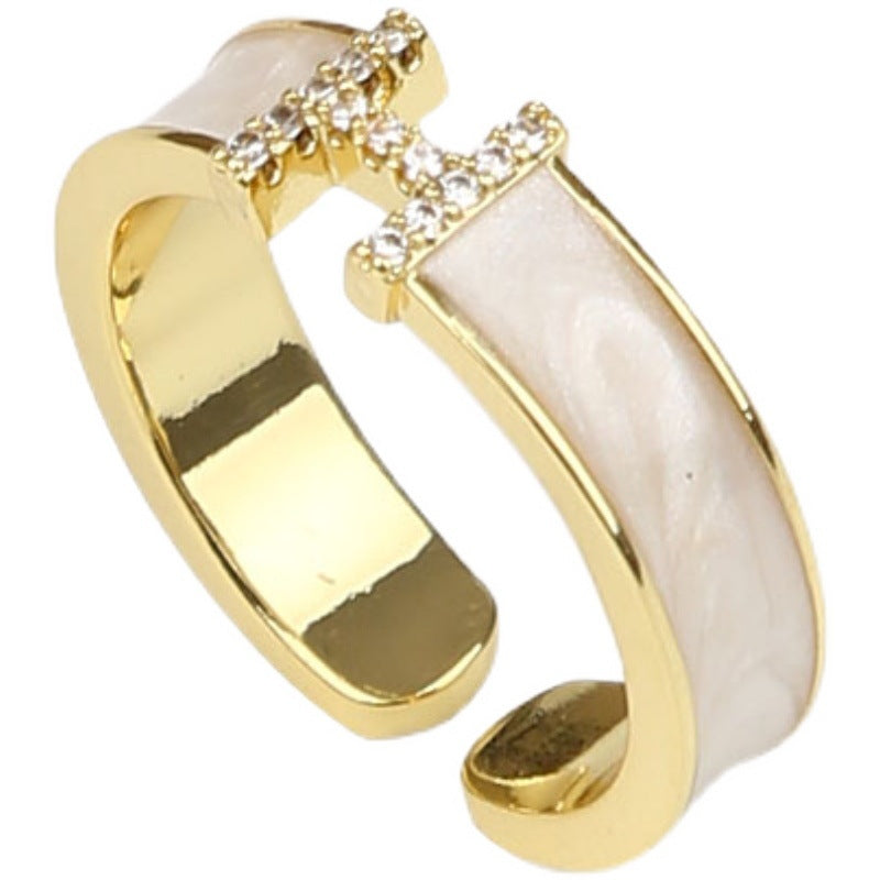 Enamel Adjustable Ring Crystal H Design Mother of Pearl Gold Open Ring