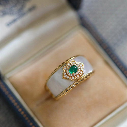 Luxury Enamel Style Ring White Mother of Pearl Gold Ring with Green Stone
