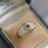 Luxury Enamel Style Ring White Mother of Pearl Gold Ring with Green Stone