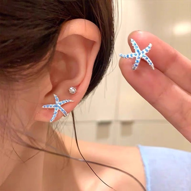 Blue Starfish Earring Studs Shiny Petite Crystal Studs with s925 Silver Pin