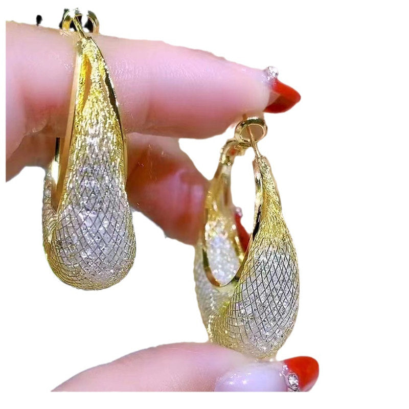 14K Gold Plated Crystal Big Chunky Earrings Hollow Mesh Crystal Hoop Earrings with S925 Silver Pin