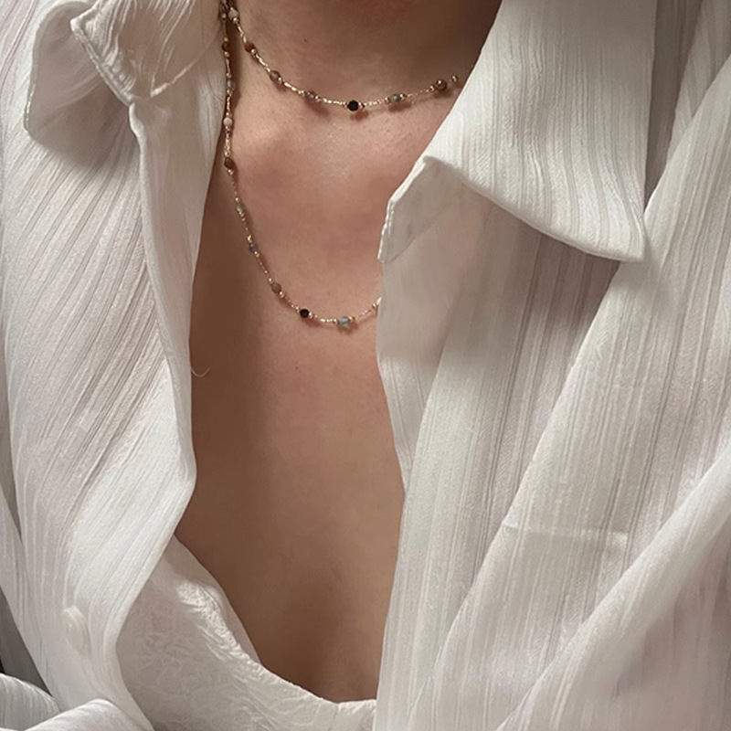 Natural Stone Gold Chain Chic Necklace Colorful Stone With 14K Gold Plated Clasp