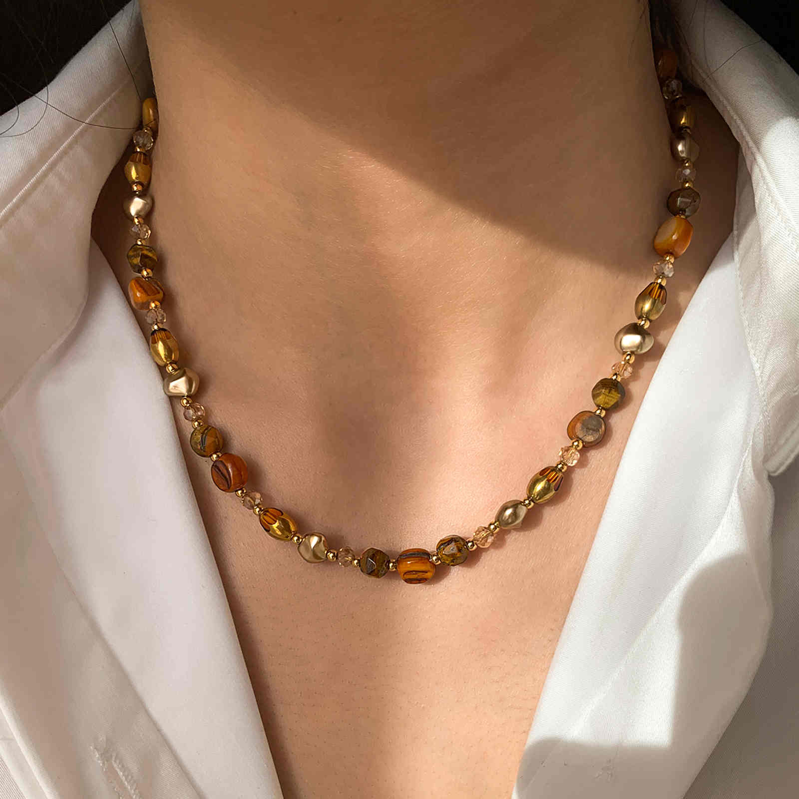 Natural Stone Necklace Tiger Eye Brown Stone with Baroque Pearl Necklace 45cm