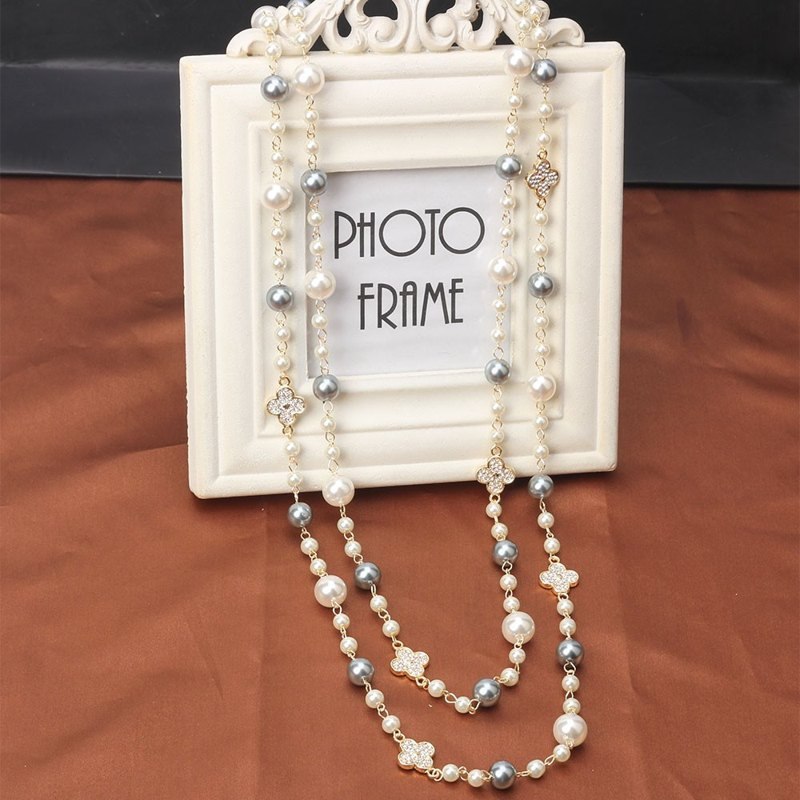 2 Strands Dress Chain Sweater Chain Long Pearl and Clover Necklace