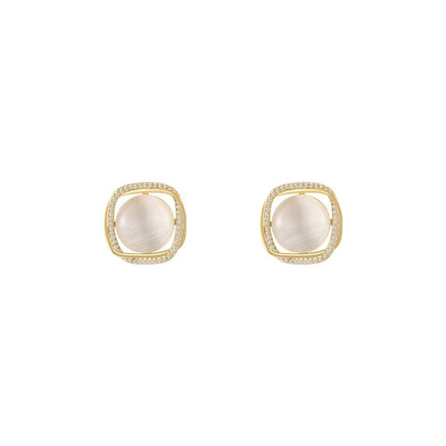 Crystal Opal Pearl Earrings | Square Shape Earring Studs | Gold Earrings with white Moonstone