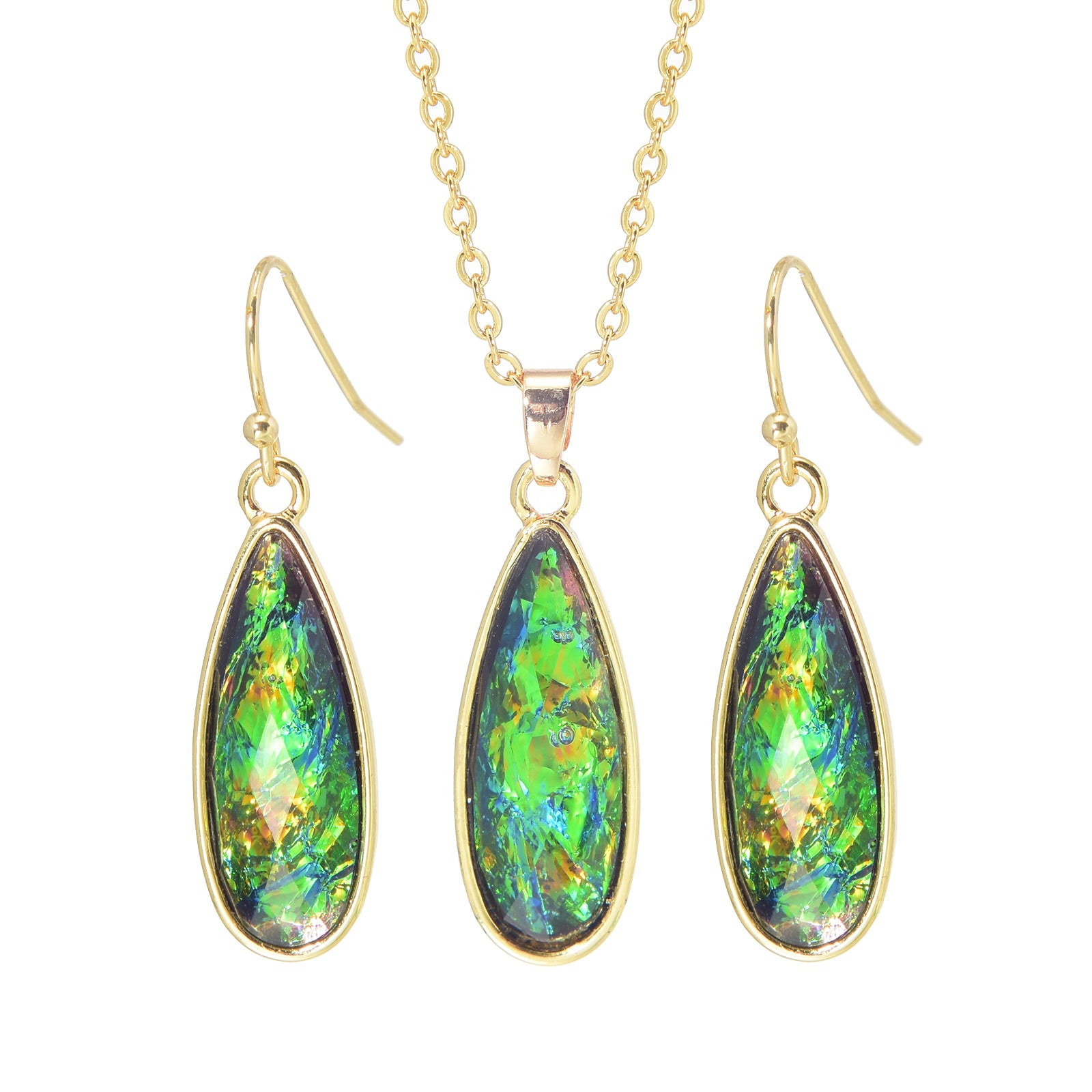 Opal Jewelry Set Oil Paint Vibe Earrings and Necklace Set Gold Chain with Blue and Green Opal Pendant