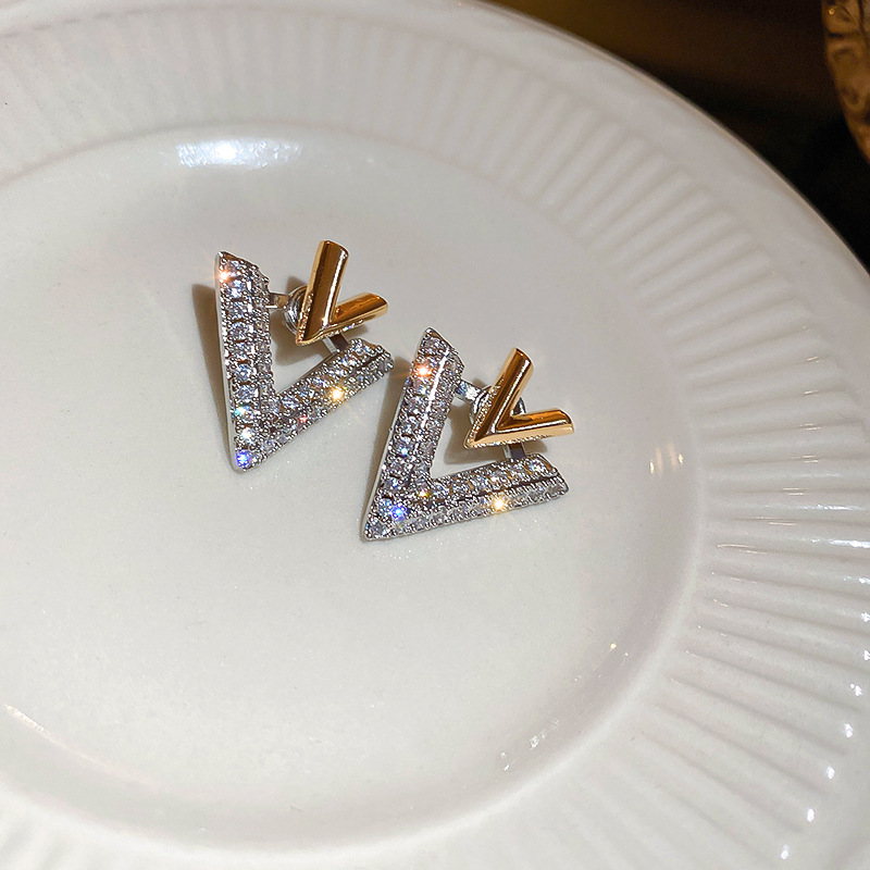 Luxury Double V Earring Jackets Gold and Crystal Drop Earrings S925 Silver Pin