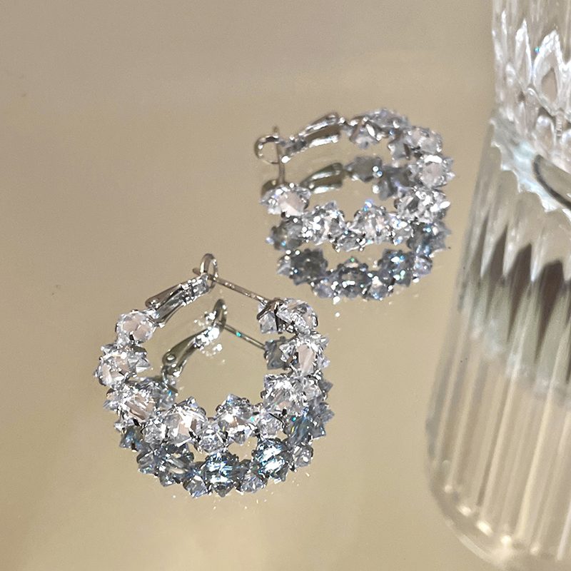 Grandes boucles d'oreilles créoles en cristal et diamants scintillants avec broches en argent S925