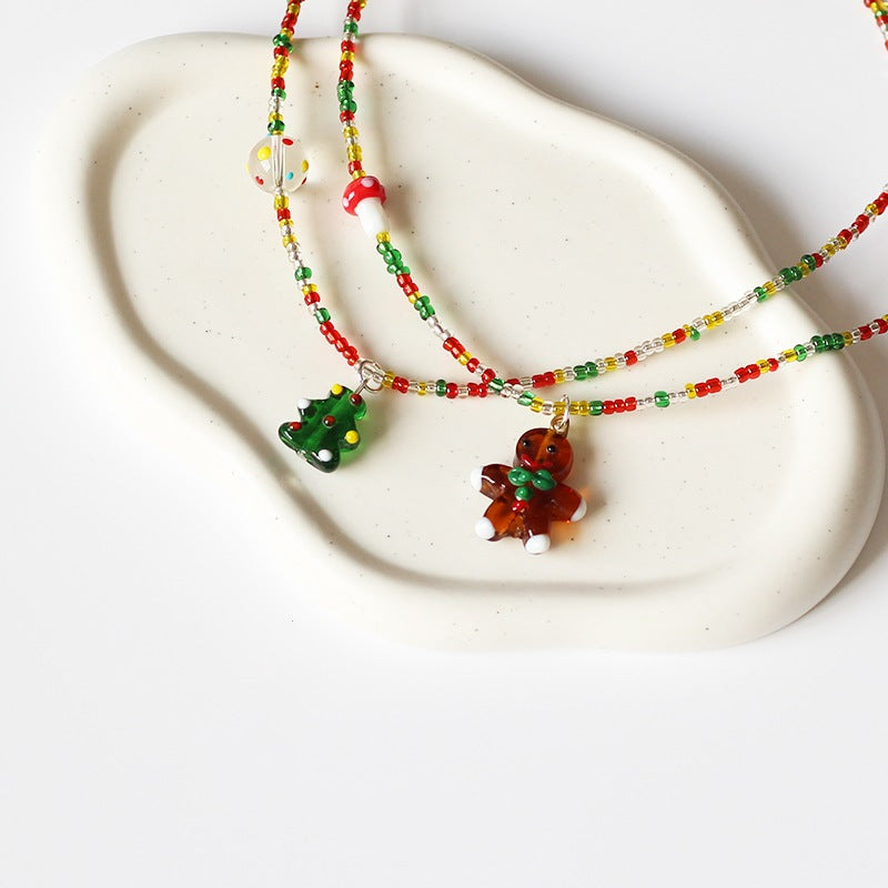Collar de Navidad colorido con colgante de hombre de jengibre y árbol de Navidad para niños