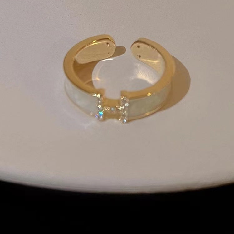 Enamel Adjustable Ring Crystal H Design Mother of Pearl Gold Open Ring