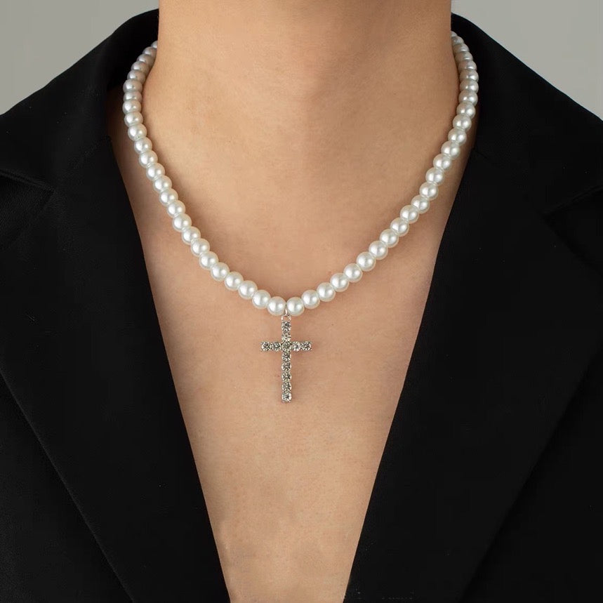 Big Pearl Silver Cross Necklace | Pearl Necklace with Diamond Cross Pendant for Men and Women