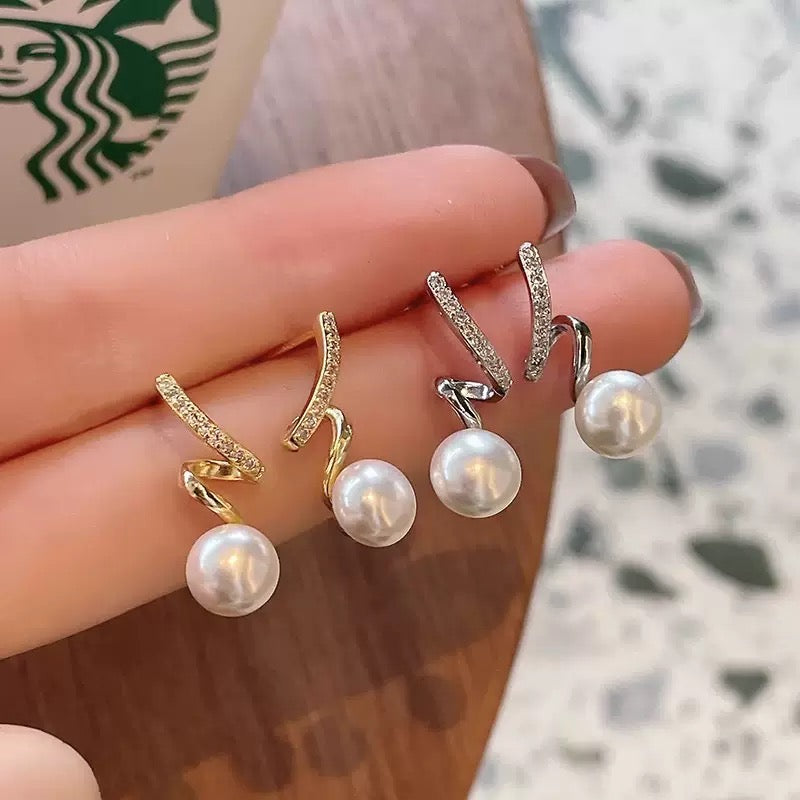 Twisted Pearl Drop Earrings Gold and Silver Crystal Clasp Pearl Earrings with Silver Pin