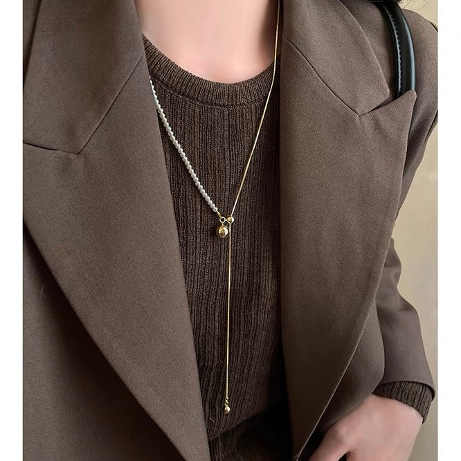 New Pearl Sweater Chain Long Free Adjust Gold and Silver Drop Necklace