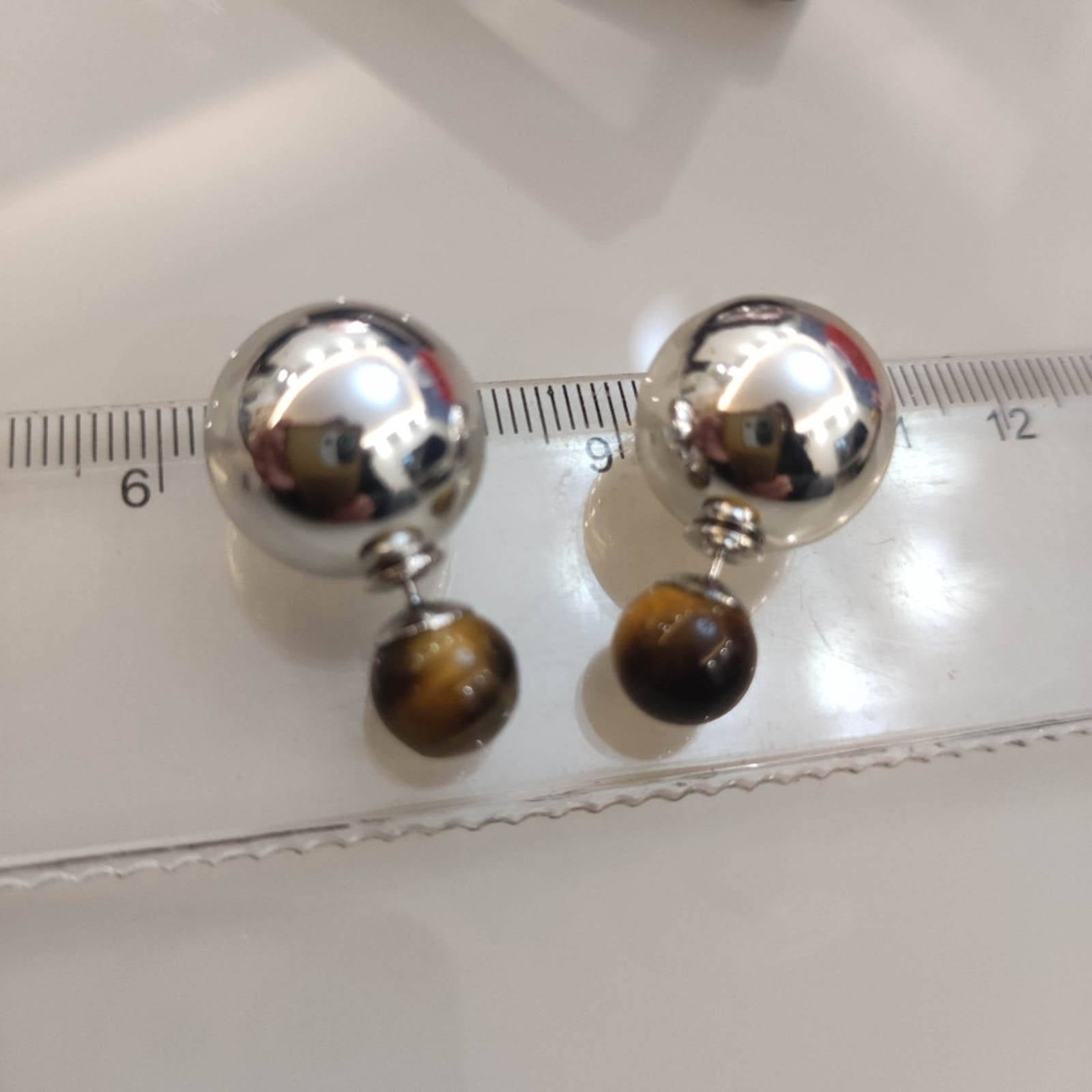 Silver Metal Stud Double Ball Earrings Tiger Eye Stone Earrings with S925 Silver Pin