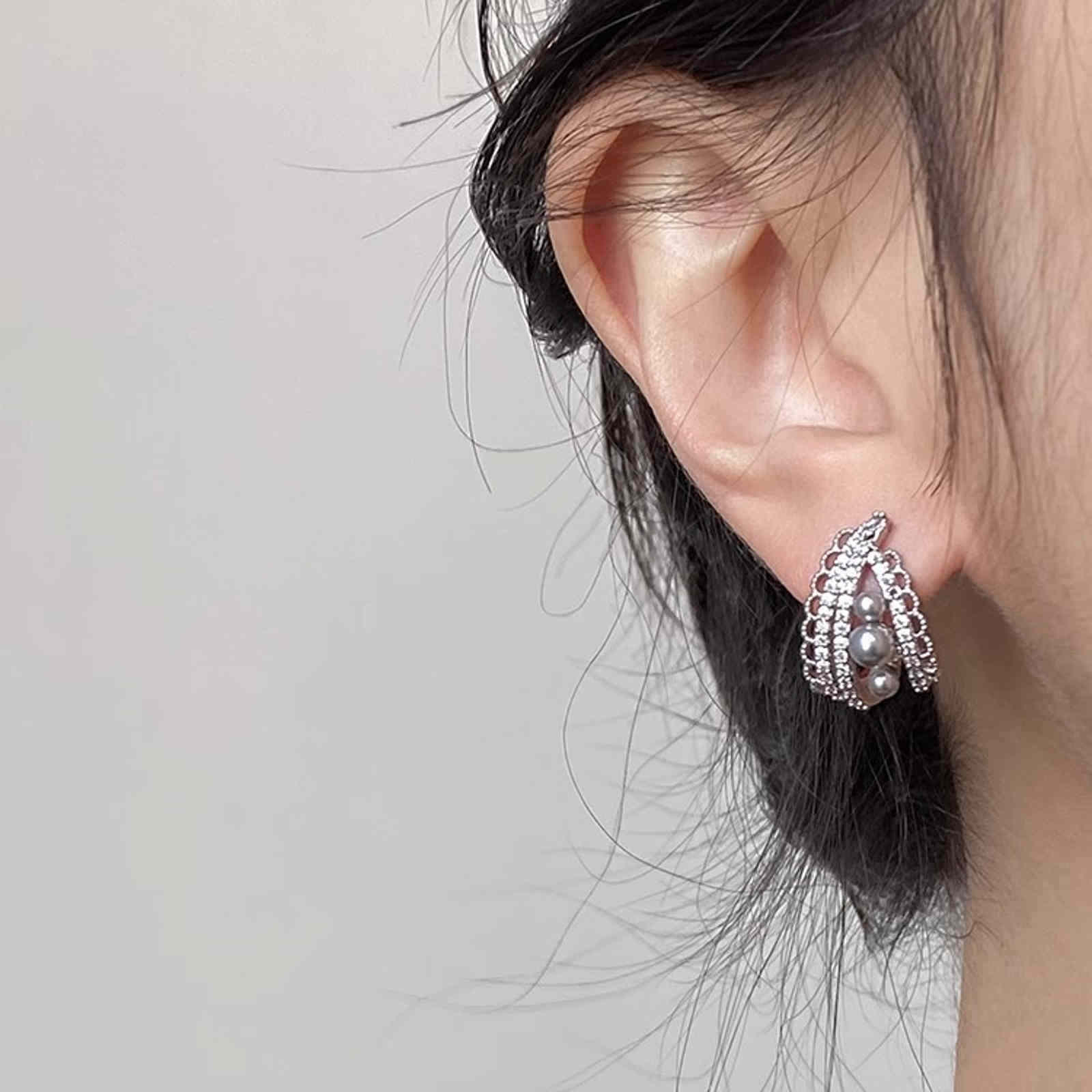 Elegant Lace Hoop Earrings White and Gray Pearl Earring Hoops with Silver Pin