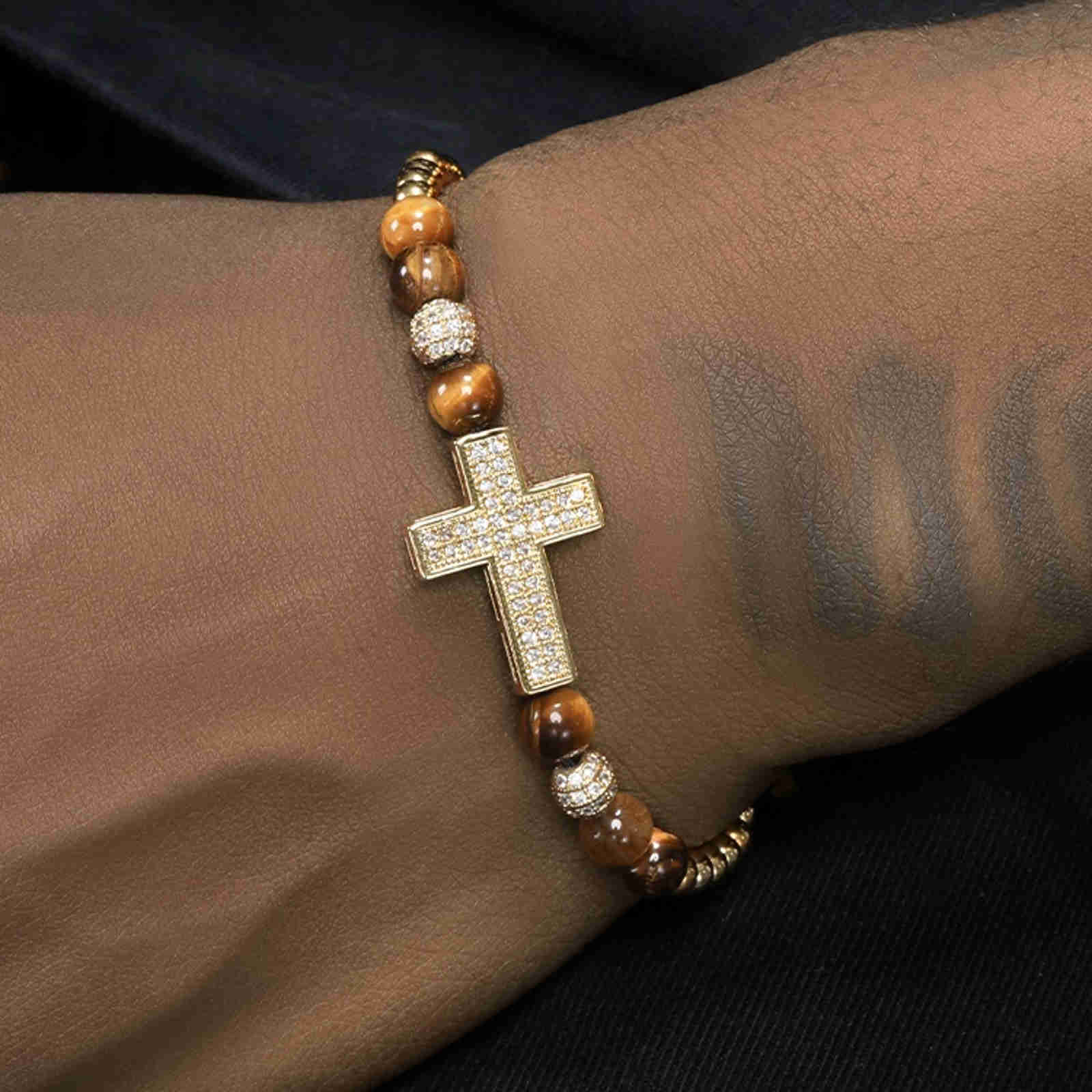 Hip-Hop Zircon Bracelet Tiger Eye Stone Bracelets Zircon Cross Bracelet