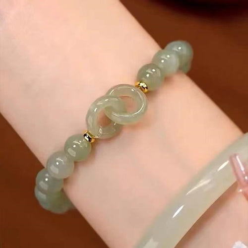 Green Jade Nephrite Bracelet | Round Pingan Clasp Nephrite Bracelet | Elastic Rope Jade Bracelet for Women