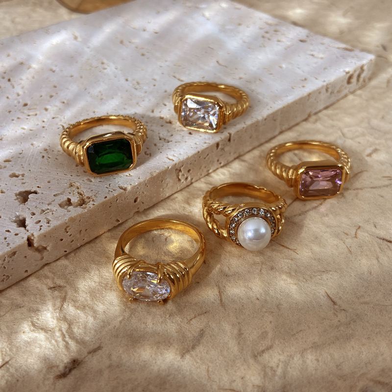 Zircon Rings Pearl and Natural Stone Ring 14K Gold Plated