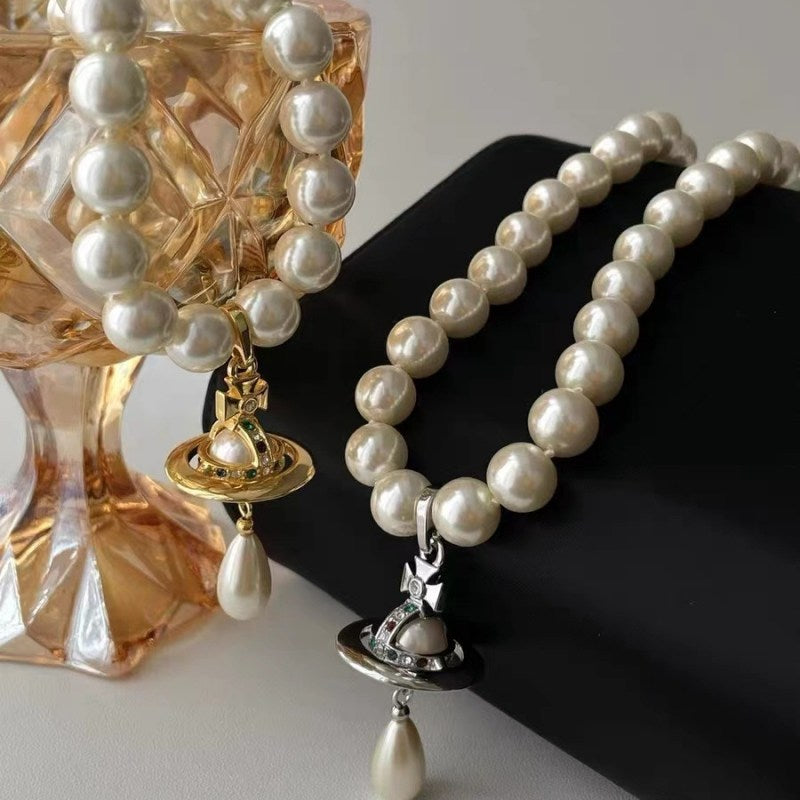 Shell Pearl Necklace with Saturn Pendant Pearl Drop Gold And Silver Avaliable