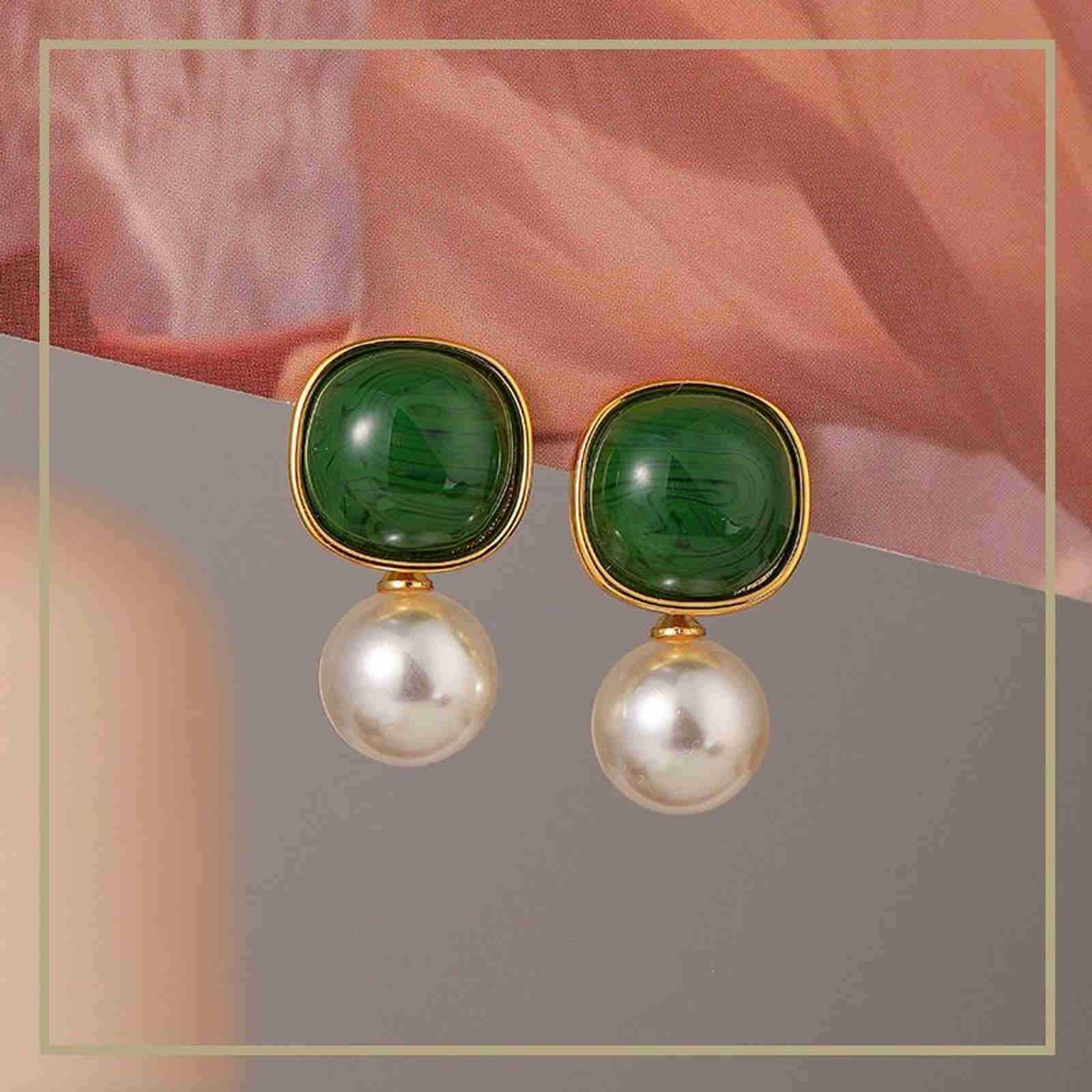 Vintage Style Pearl Drop Earrings Classic Green with 10mm Pearl Earrings Silver Pin
