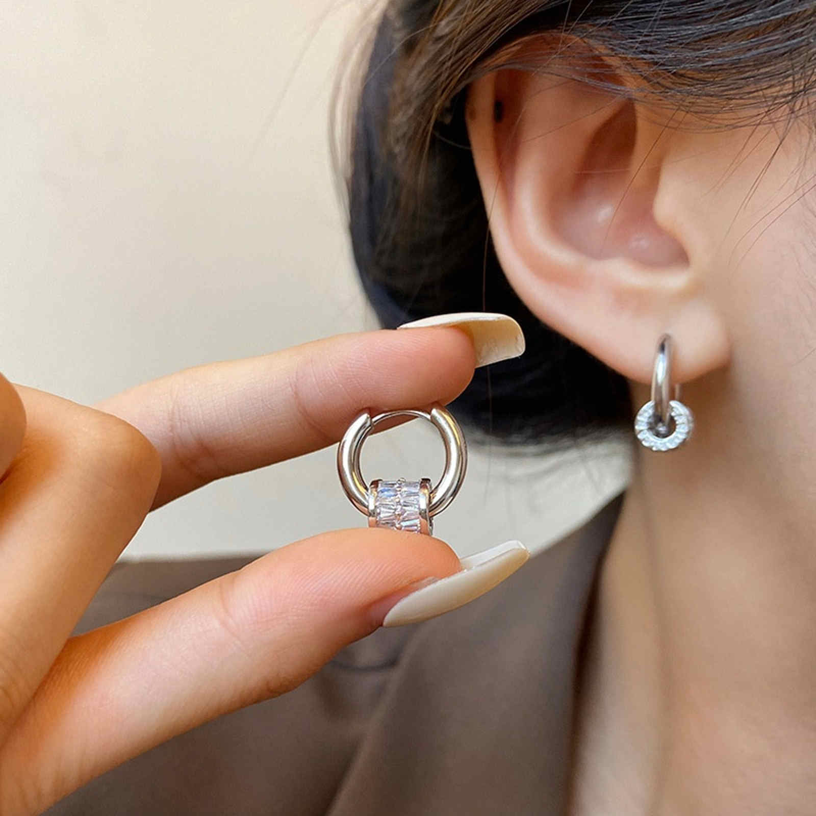 Small Chunky Hoop Earrings with Gold and Silver with Crystal Halo Hoop Drop Earrings S925 Silver Clasp