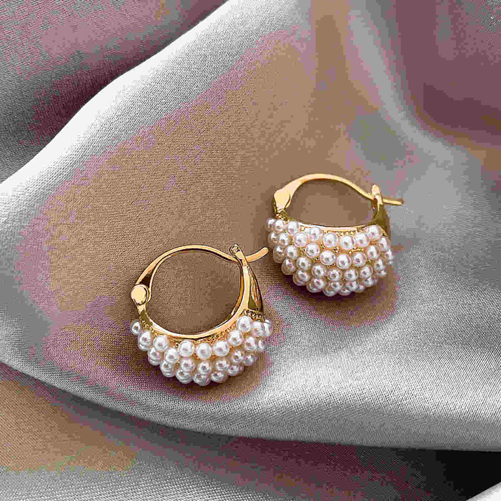 18K Gold Plated Pearl Hoop Earrings Full Pearl Chunky Earrings with S925 Silver Pin