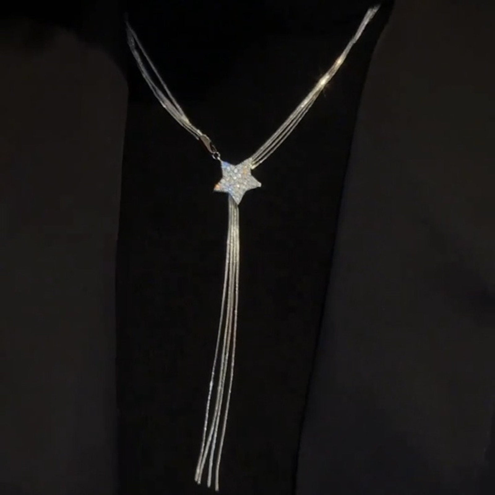 Silver Long Tassel Necklace Shiny Long Necklace with Star Clasp