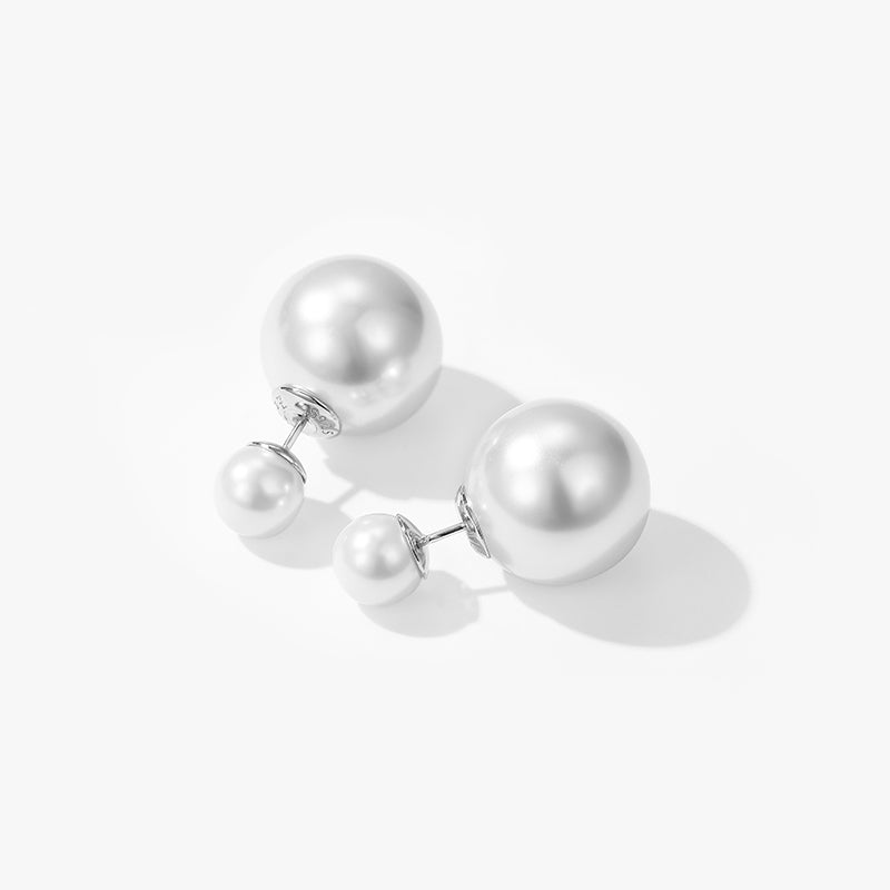 Elegant 2-Sided Round Pearl Earrings with S925 Silver Pin 8mm and 14mm