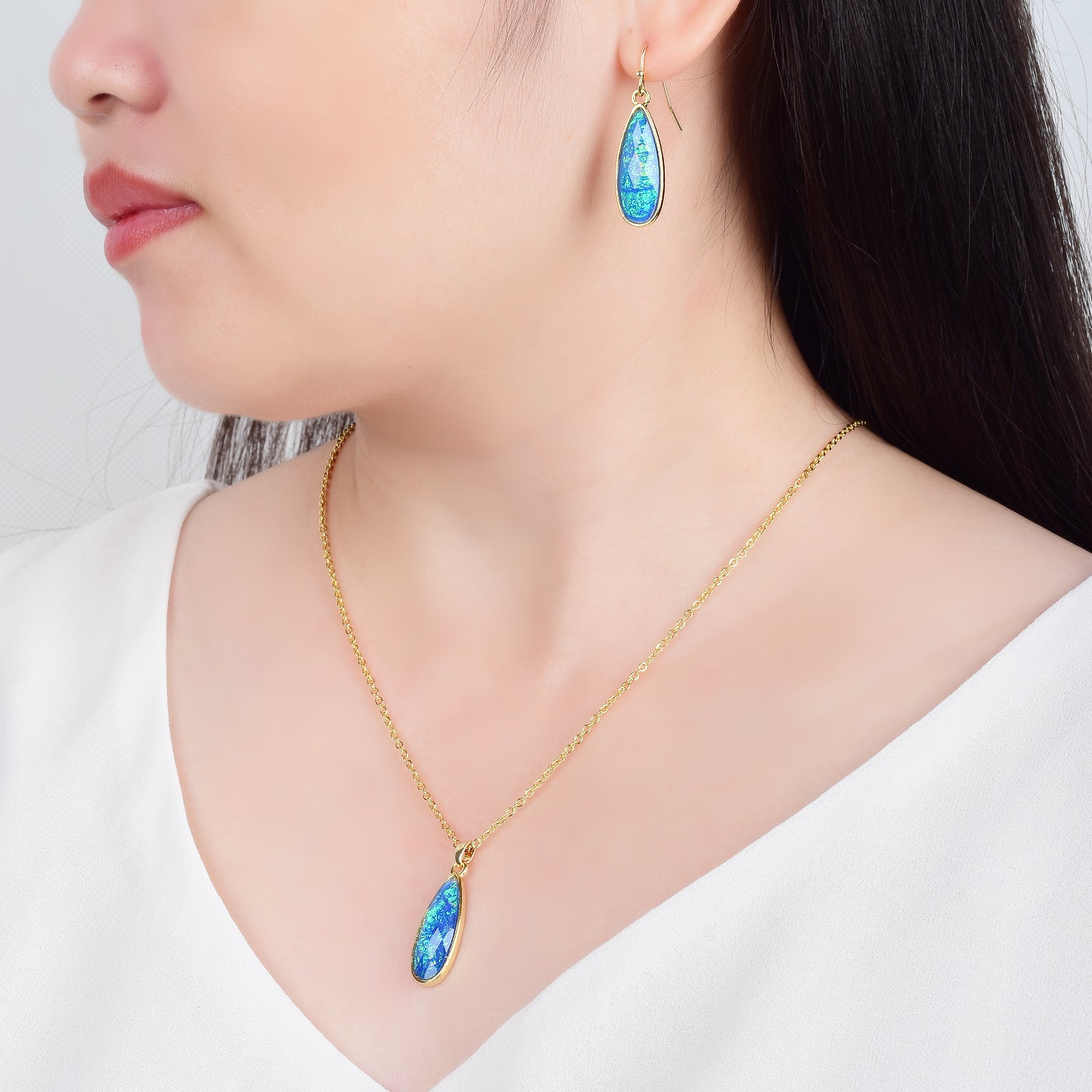Opal Jewelry Set Oil Paint Vibe Earrings and Necklace Set Gold Chain with Blue and Green Opal Pendant
