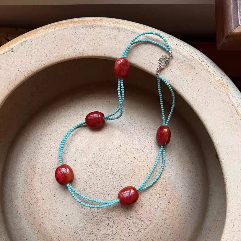 Multi Strand Turquoise Necklace Designed Natural Red Stone with Turquoise 2 Strands Chain 18 inch