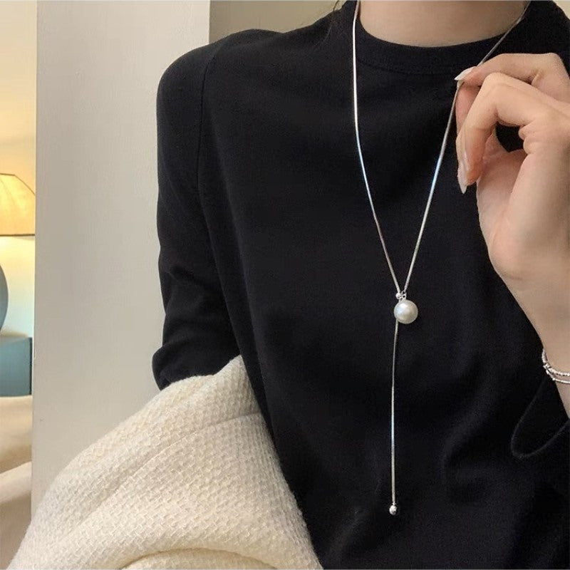 Long Pearl Drop Necklace Elegant Gold and Silver Sweater Chain