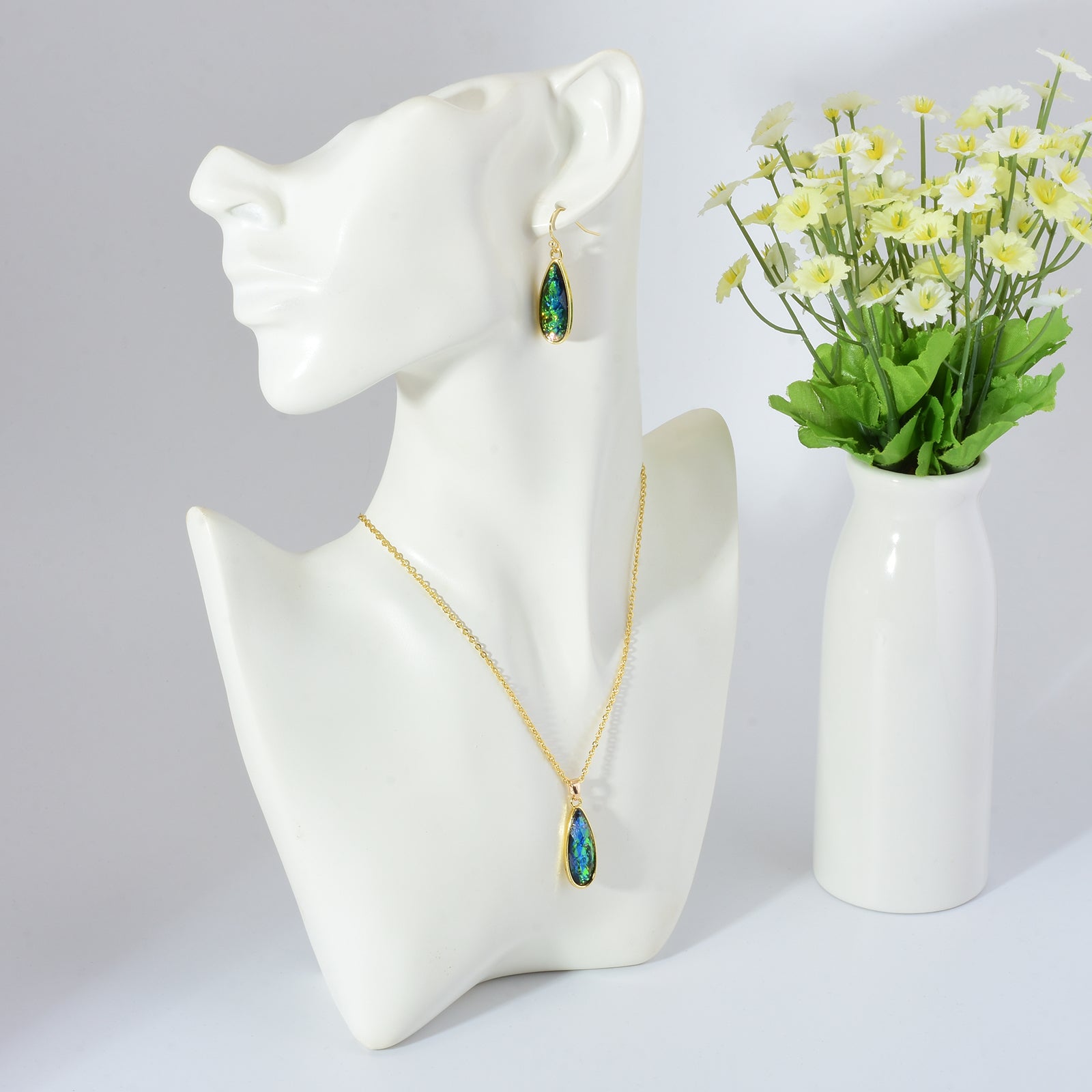 Opal Jewelry Set Oil Paint Vibe Earrings and Necklace Set Gold Chain with Blue and Green Opal Pendant