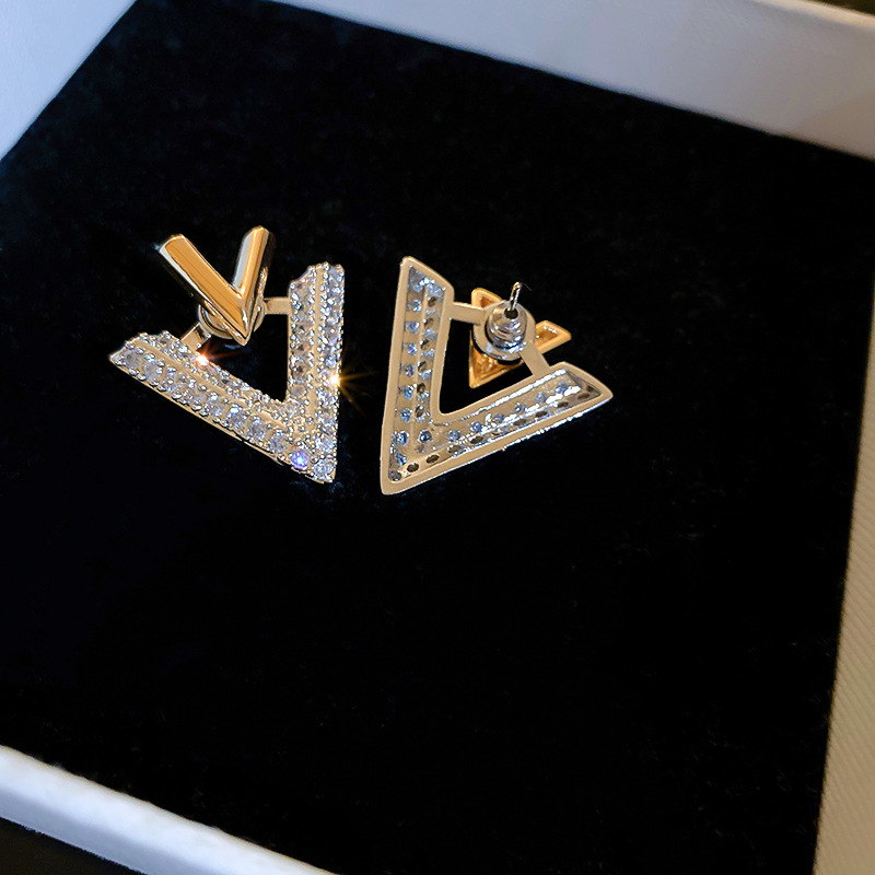 Luxury Double V Earring Jackets Gold and Crystal Drop Earrings S925 Silver Pin