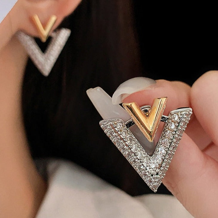 Luxury Double V Earring Jackets Gold and Crystal Drop Earrings S925 Silver Pin
