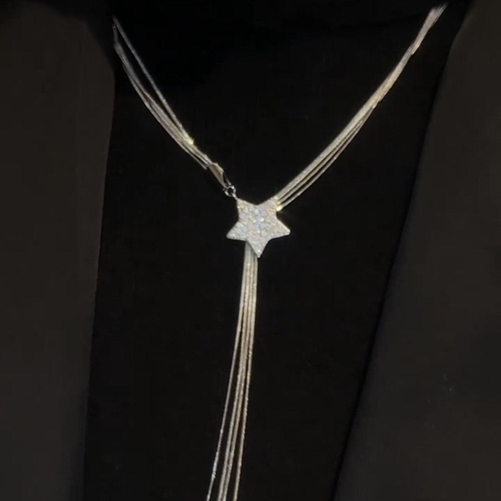 Silver Long Tassel Necklace Shiny Long Necklace with Star Clasp