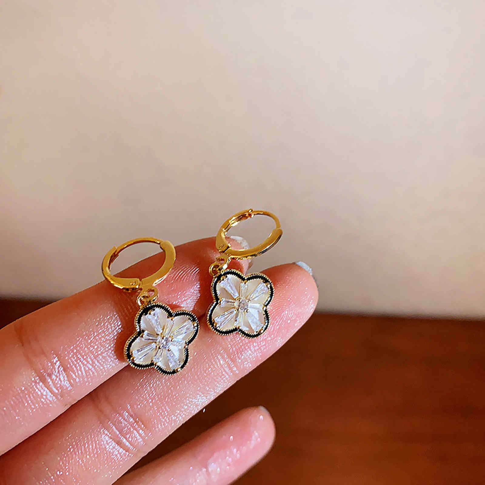 Diamond Clover Earrings Gold Hoop Lucky Clover Drop Earrings with Sterling Silver Pins